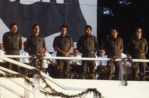 Members of the Junta of National Reconstruction stand in line, Managua, Nicaragua, 1983