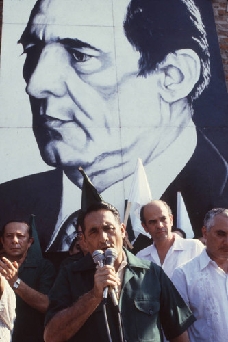 José Napoleón Duarte talking at the microphone, San Salvador, El Salvador, 1982