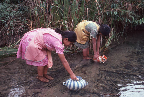 Guatemalan refugees at a river, Cuauhtémoc, 1983