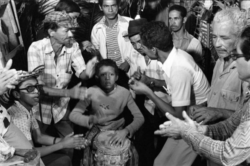 Boy playing the conga drum, Barranquilla, Colombia, 1977