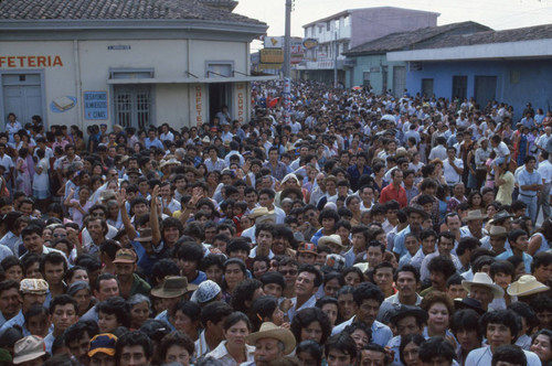 Crowds standing in the street, Santa Tecla, La Libertad, El Salvador, 1982