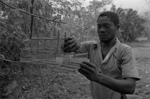 Young man preparing an animal trap, San Basilio de Palenque, 1977