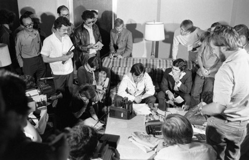 Nicaraguan journalist at a press conference, San José, 1980