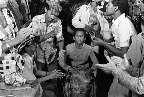 Boy playing the conga drum, Barranquilla, Colombia, 1977