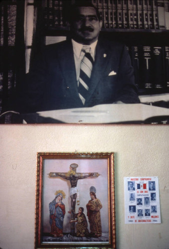 Poster of presidential candidate Mario Sandova and the black Christ of Esquipulas, Guatemala City, 1982