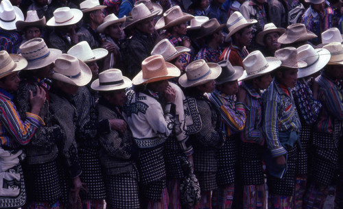 Mayan men in line to vote, Sololá, 1982