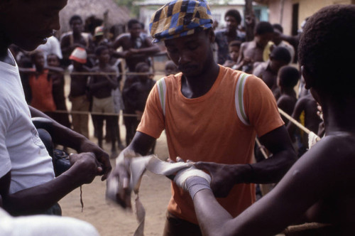 Boxer wrapping hands for boxing, San Basilio de Palenque, 1976