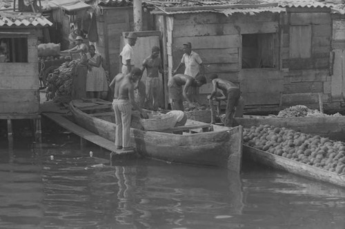 Men unload fruits from boats, Cartagena Province, 1975