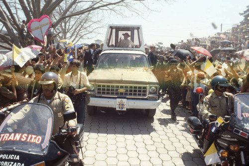 Pope John Paul II traveling in his Popemobile, Tegucigalpa, Honduras, 1983