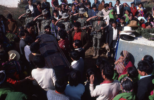 Men carrying a coffin to the cemetery, Patzún, 1982