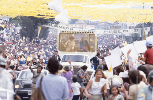 Pope John Paul II traveling in his Popemobile, Tegucigalpa, Honduras, 1983