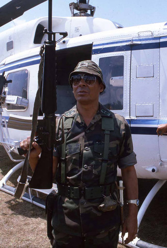 General Benedicto Lucas García holding an M16A1 assault rifle, Santa Cruz del Quiché, 1982