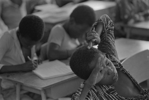 Student stretching his arms, San Basilio de Palenque, ca. 1978