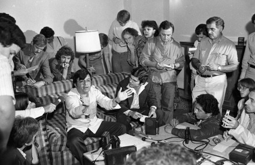 Nicaraguan journalist at a press conference, San José, 1980