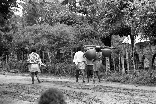 Transporting clay goods, La Chamba, Colombia, 1975