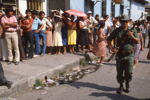 People waiting in line to vote, Santa Tecla, La Libertad, El Salvador, 1982