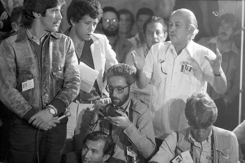 Journalists at a post-election press conference denouncing voter fraud, Guatemala, 1982