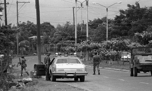 Soldiers stopped on a road, Nicaragua, 1979