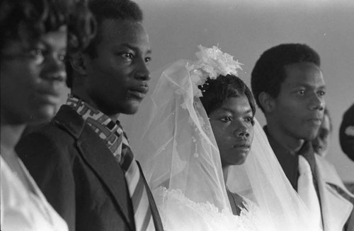 Two wedding couples inside church, San Basilio de Palenque, 1975