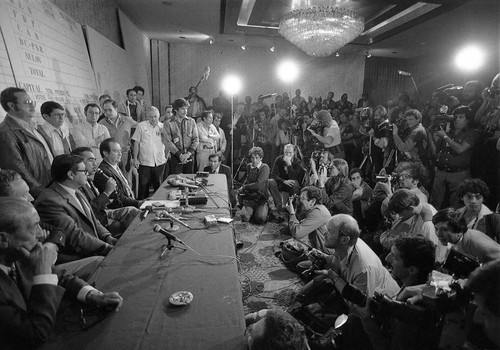 Post-election press conference denouncing voter fraud, Guatemala, 1982