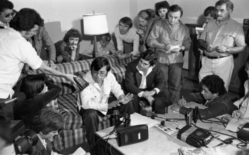 Nicaraguan journalist at a press conference, San José, 1980