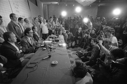 Post-election press conference denouncing voter fraud, Guatemala, 1982