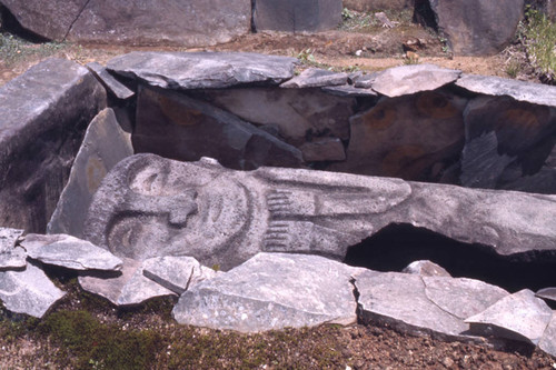 Carved stone slab over a sarcophagus, San Agustín, Colombia, 1975