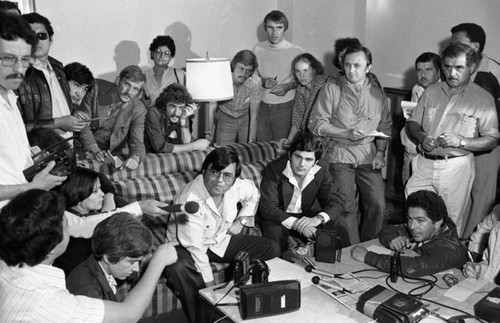 Nicaraguan journalist at a press conference, San José, 1980