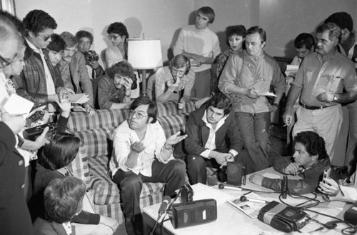 Nicaraguan journalist at a press conference, San José, 1980