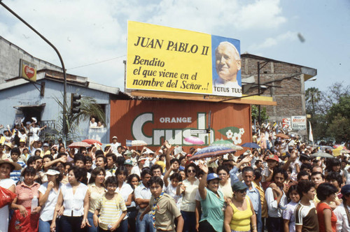 Crowd waiting for Pope John Paul II, San Salvador, El Salvador, 1983