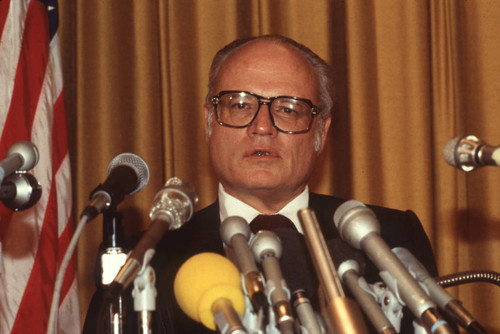 Ambassador Deane R. Hinton speaking at a press conference, San Salvador, El Salvador, 1982