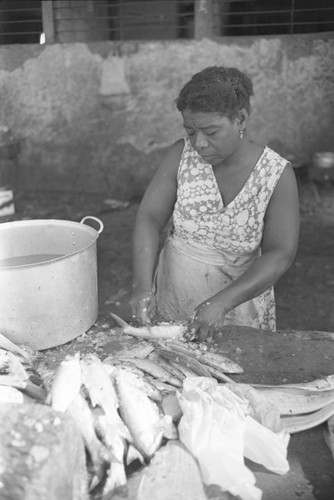 Woman cleaning fish at city market, Cartagena Province, ca. 1978