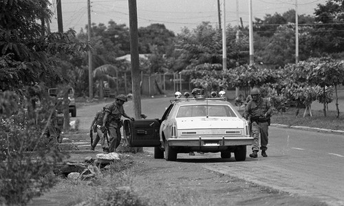 Soldiers stopped on a road, Nicaragua, 1979