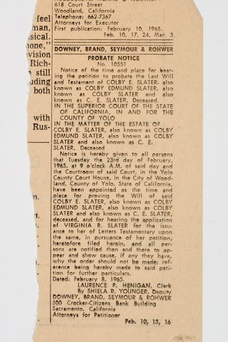 Clipping, Probate notice no. 16551: Notice of the time and place for hearing the petition to probate the last will and testament of Colby E. Slater