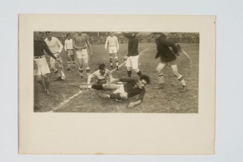 United States Olympic Rugby Team on Tour of France: United States versus Sud-Ouest at Bordeaux. Players after tackle