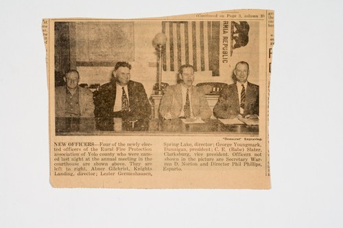 Clipping, New officers, Four of the newly elected officers of the Rural Fire Protection association of Yolo County ... are shown