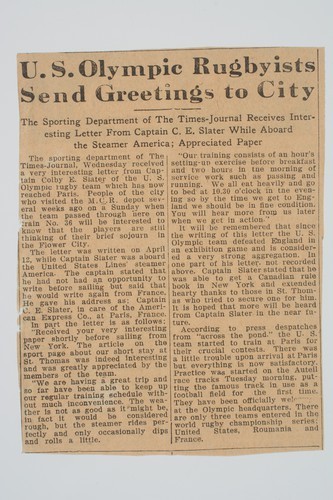 Clipping, [St. Thomas Times-Journal, Canada.] U.S. Olympic rugbyists send greeting to city