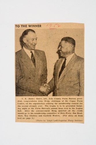 Clipping, To the winner: C.E. (Babe) Slater, left, Yolo County Farm Bureau president