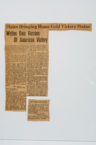 Clipping, [Woodland Daily Democrat]. Slater bringing home gold victory statue. Writes his own version of American history