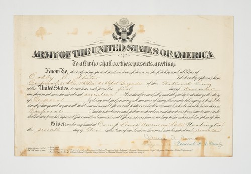 Certificate, appointment to rank of corporal, United States Army