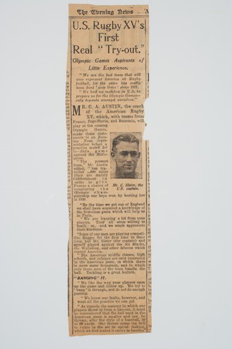 Clipping, The Evening Times, London. U.S. rugby XV's first real "try-out": Olympic Games aspirants of little experience