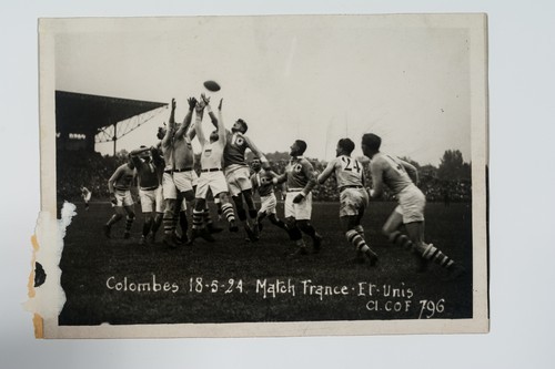 France versus United States at Colombes: Players Jumping for Ball