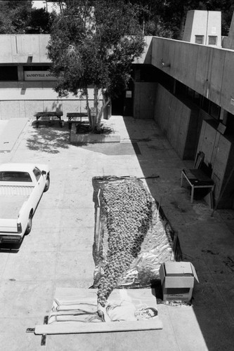 Aerial view of student artwork in Mandeville Center courtyard