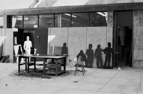 Mandeville Center woodshop with cutouts for Eleanor Antin