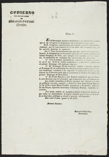 Nùm. 1. El Gobernador interino del Estado a sus habitantes sabed: que el H. Congreso Constituyente ha decretado lo que sigue ... Los Ayuntamientos que por una equivocacion no verificaron la designacion de fracciones para las elecciones primarias el ultimo Domingo de Julio