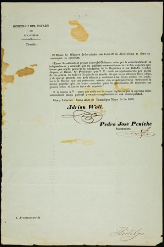 El Exmo. Sr. Ministro de lo interior con fecha 29 de Abril último se sirve comunicarme lo siguiente : Exmo. Sr.--Siendo el primer deber del Gobierno celar por la conservacion de la independencia y sabiendo que en públicas conversaciones se vierten especies que tienen por objeto procurar la anexacion de la República á los Estados Unidos, ... cuide ... de que no se difundan tales ideas