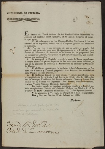 El Escmo. Sr. vice-presidente de los Estados-Unidos Mexicanos, en ejercicio del supremo poder ejecutivo, se ha servido dirigirme el decreto que sigue ... Por esta vez, y sin perjuicio de que se active el arreglo del ejercicio del patronato para cada Obispado vacante en la República, propondrá el Gobierno ... que sea mexicano por nacimiento