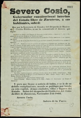 Severo Cosio, Gobernador constitucional interino del Estado Libre de Zacatecas ... Secretaría de Estado y del Despacho de Hacienda y Crédito Público ... Benito Juarez, presidente constitucional ... Art. 1°. Todos los lotes de conventos de religiosos y religiosas que reedifiquen sus dueños ... quedan exentos del pago ... por el término de cinco años