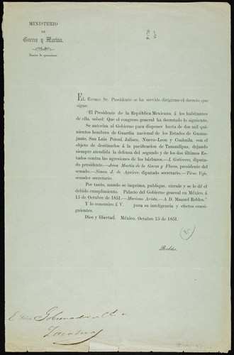 El Escmo. Sr. Presidente se ha servido dirigirme el decreto que sigue ... Congreso General ha decretado ... Se autoriza al Gobierno para disponer hasta de dos mil quinientos hombres de Guardia nacional de los Estados de Guanajuato ... [et al.] ... pacificacion de Tamaulipas ... contra las agresiones de los bárbaros