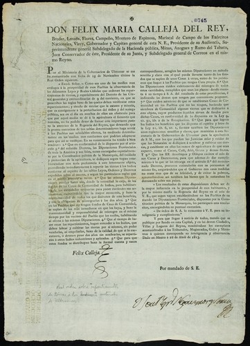 Don Felix Maria Calleja del Rey ... Virey ... Por el Ministerio de la Gobernacion de Ultramar se me ha comunicado con fecha 15 de noviembre último, la real orden siguente ... Como sea uno de los medios mas análogos á la prosperidad ... repartir las tierras á los indios ... que deben labrar y cultivar ... sin poder venderlas